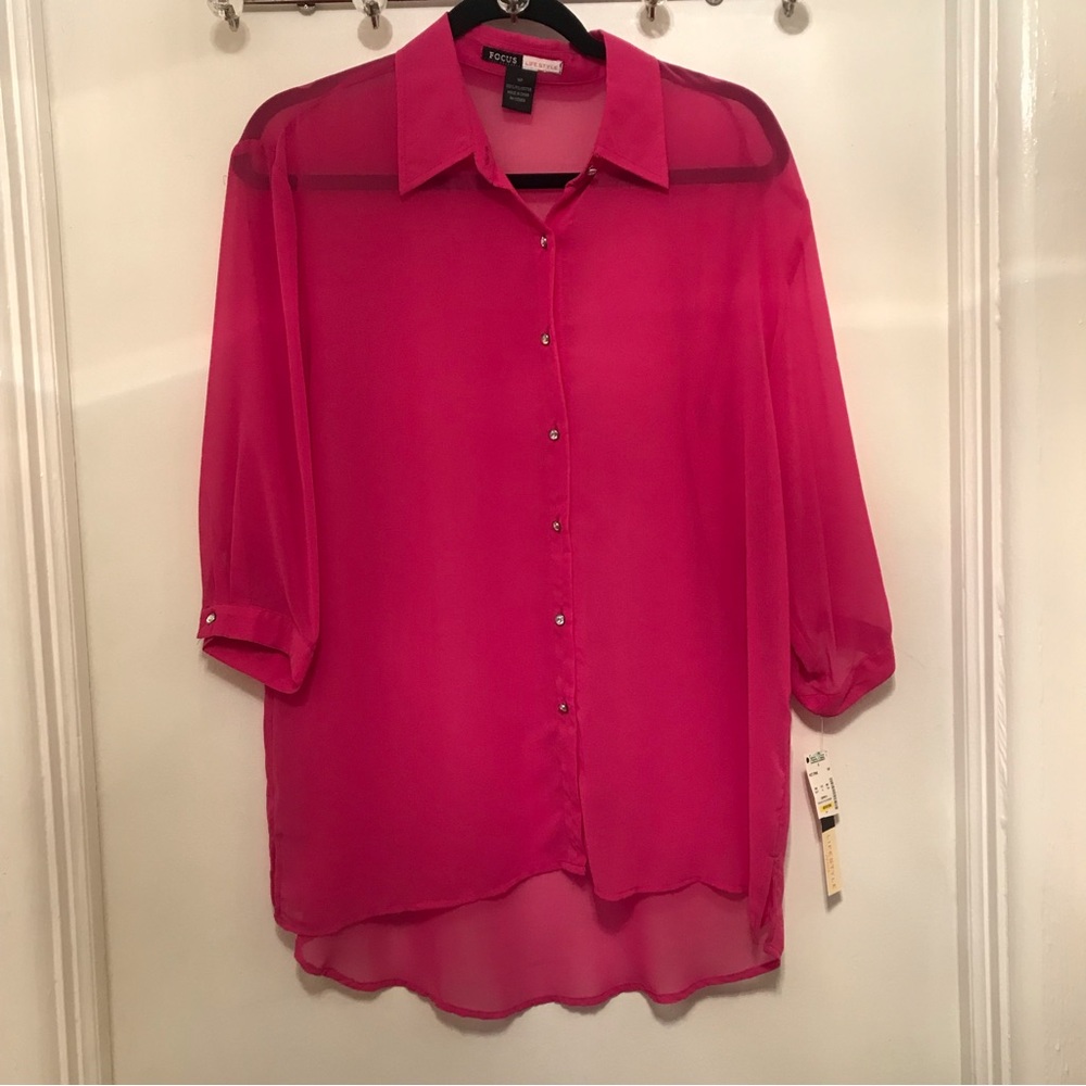 Focus Lifestyle Pink Sheer 3/4 Sleeve Blouse Women's Size 14P Rhinestone buttons